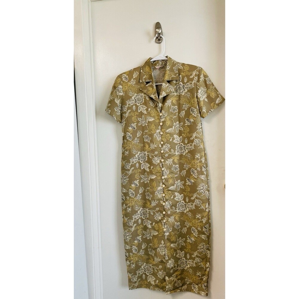 Karimadon Floral Sheath Dress Green Collared Zip Midi Short Sleeve M